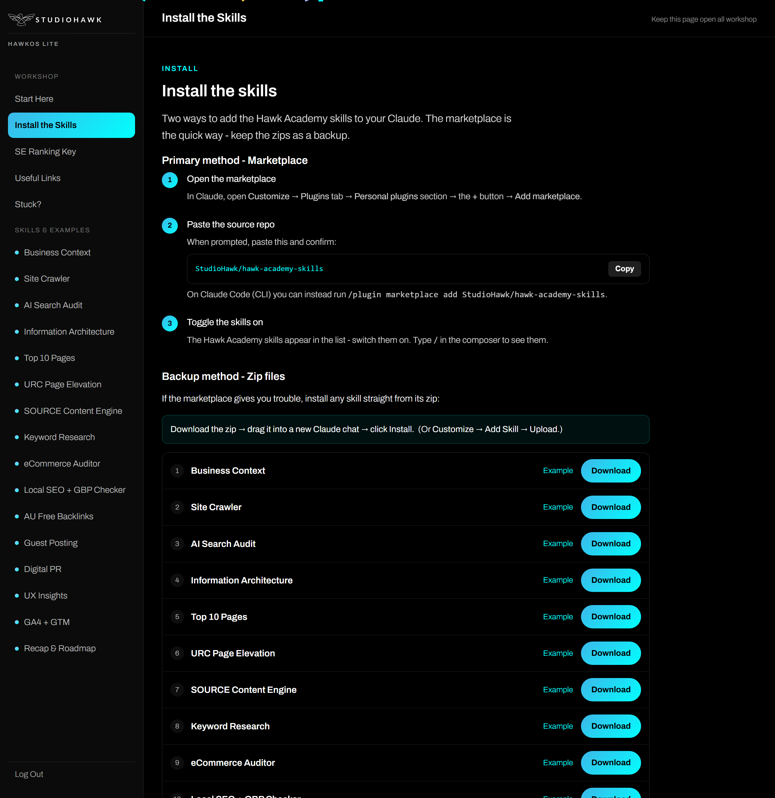 The install page inside HawkOS Lite