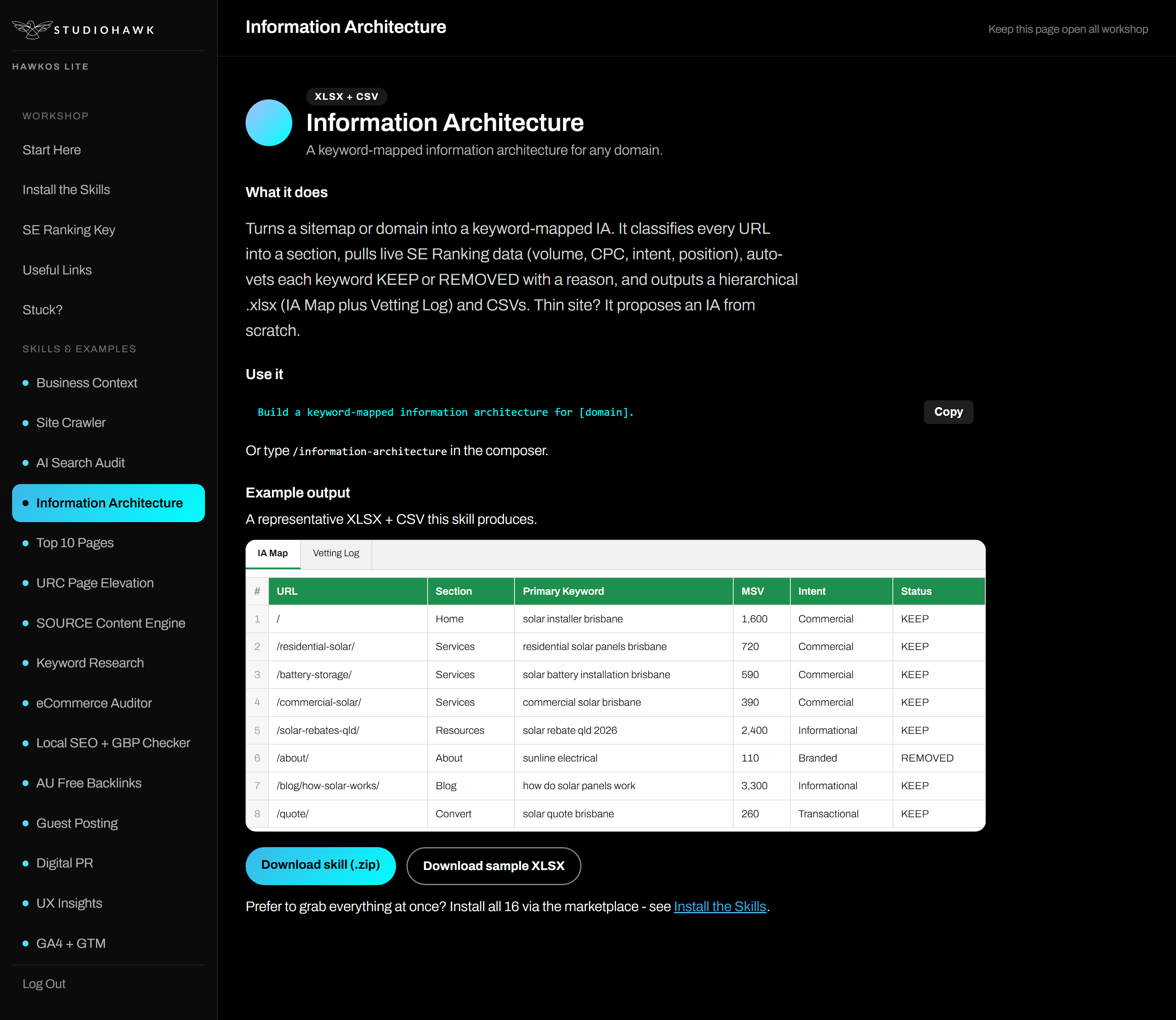 A skill page inside HawkOS Lite with a real sample of its output