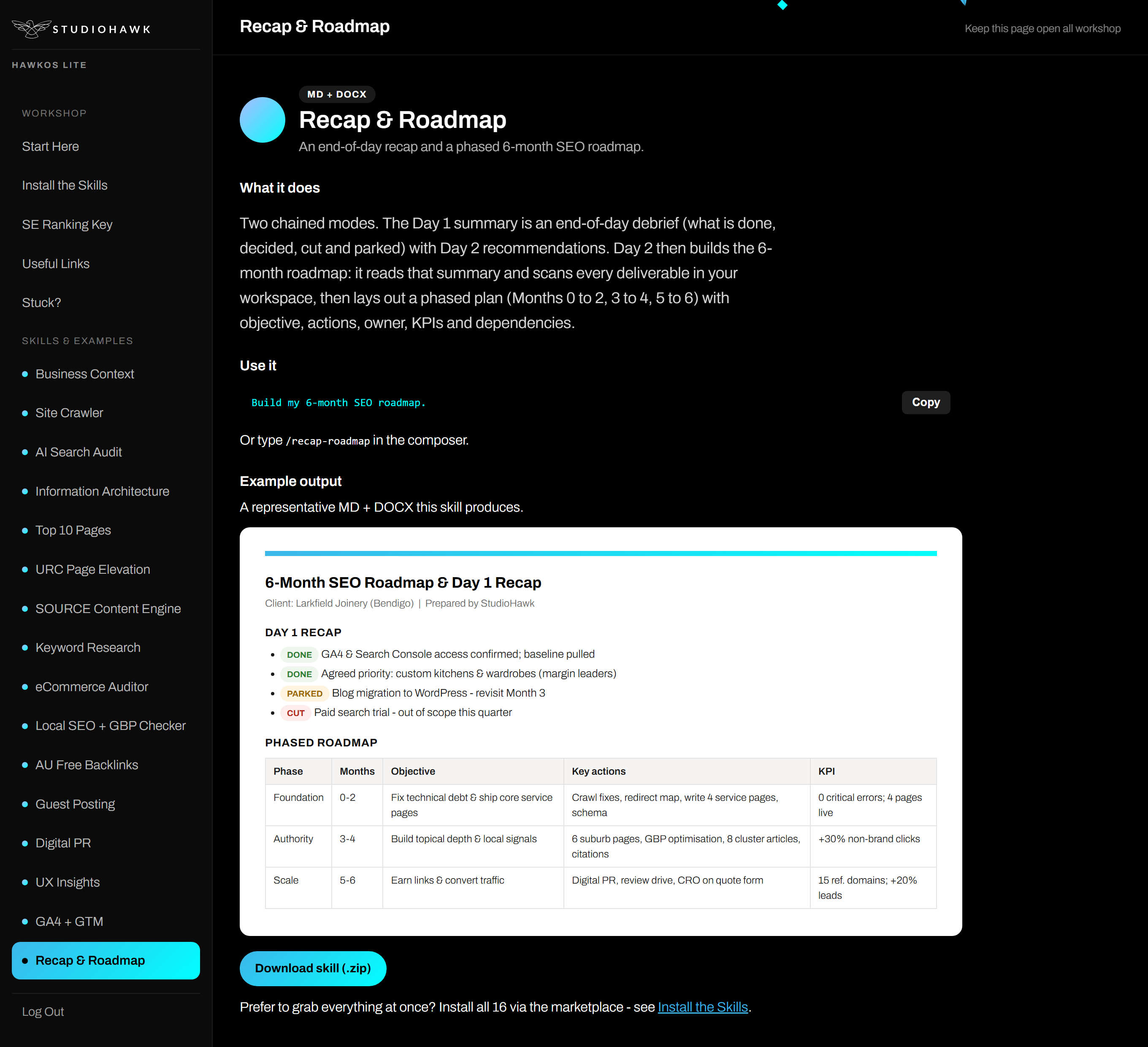 The Recap and Roadmap skill output inside HawkOS Lite, showing a phased six-month plan